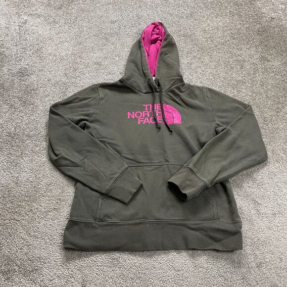 The North Face Hoodie Sweatshirt Womens Small Gray Pink Graphic Fleece Pullover - Picture 1 of 11